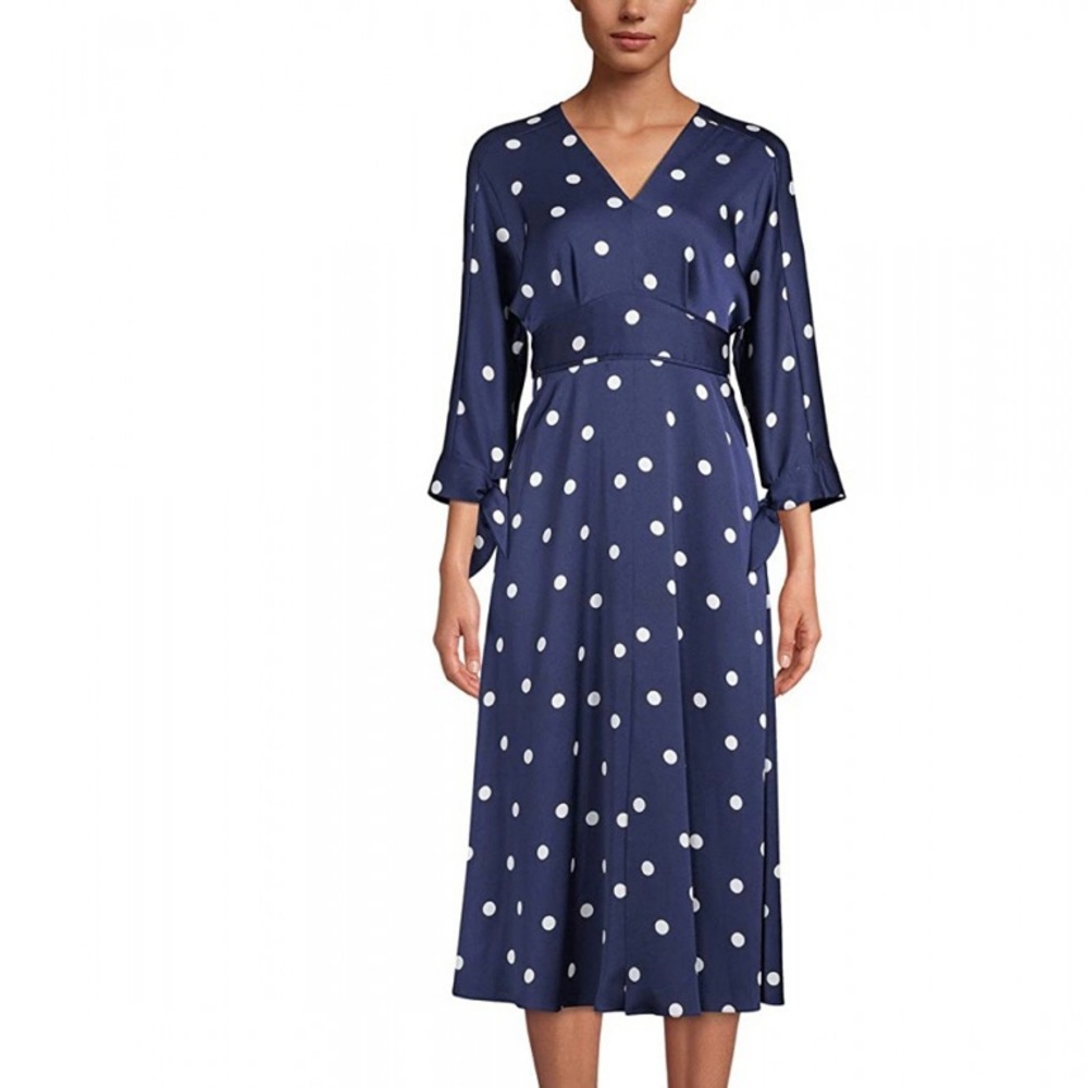 Anne Klein Distant Mount Polka Dot Navy Blue V-Neck  Satin Midi Dolman Sleeves